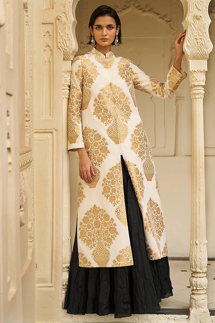 Ivory & Gold Banarsi Silk Brocade Jacket Set by Dash and Dot at Pernia's Pop Up Shop