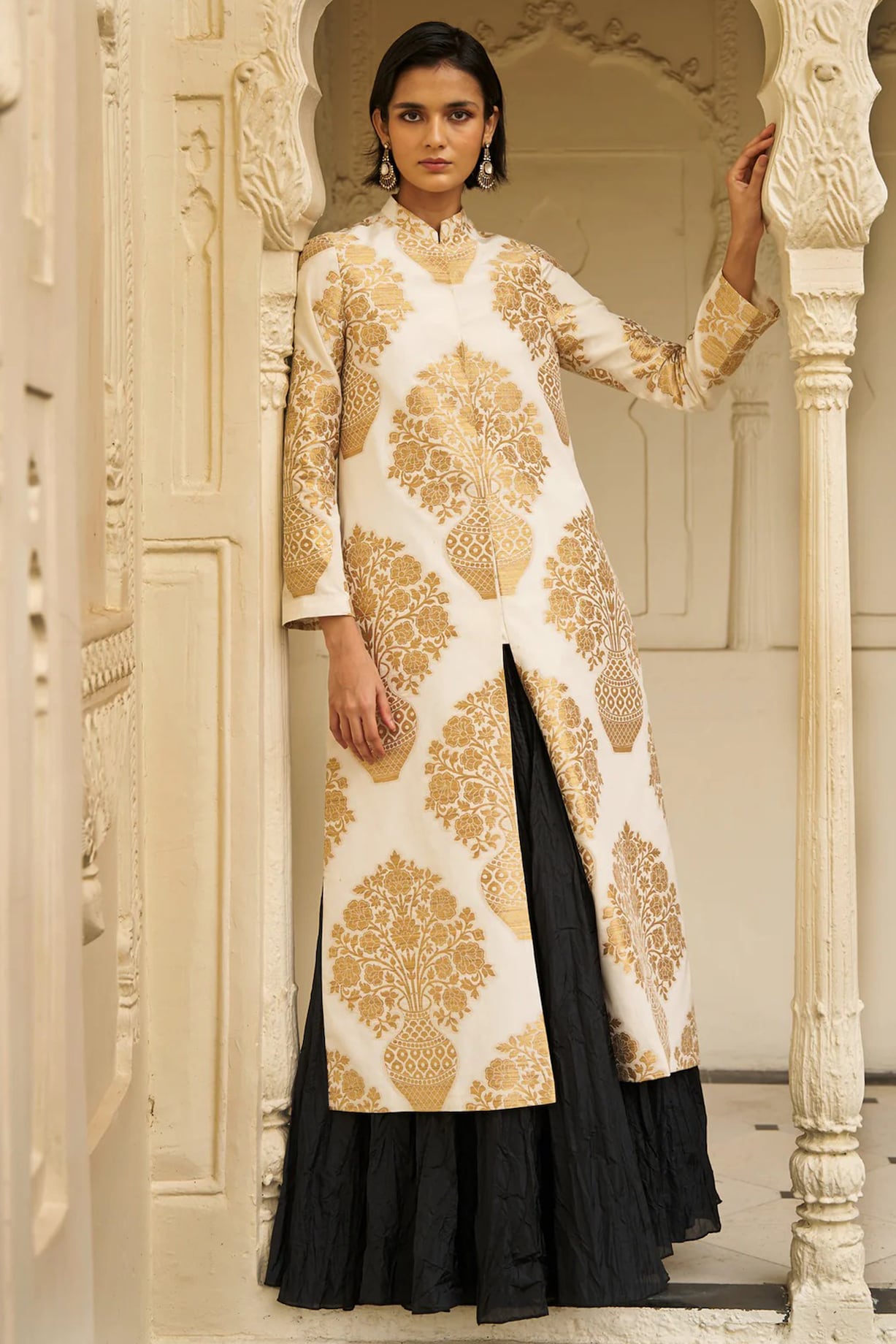 Ivory Gold Banarsi Silk Brocade Jacket Set by Dash and Dot at