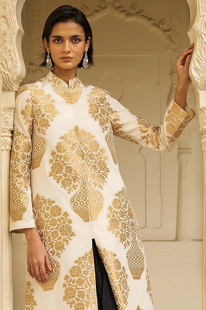 Ivory & Gold Banarsi Silk Brocade Jacket Set by Dash and Dot at Pernia's Pop Up Shop