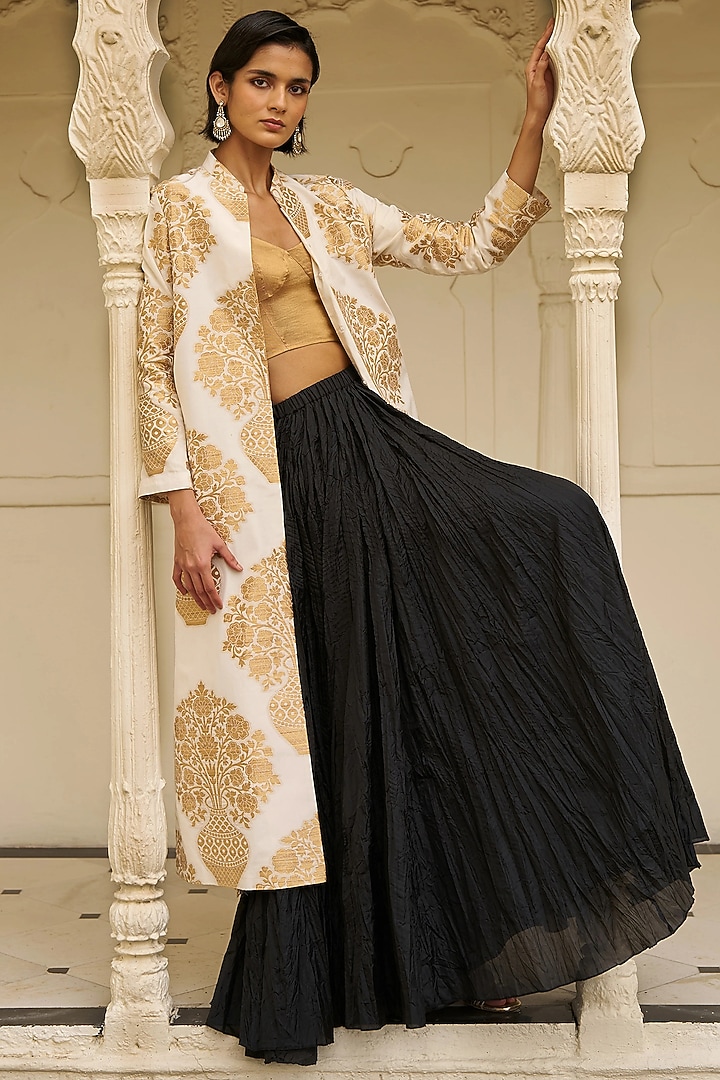 Ivory & Gold Banarsi Silk Brocade Jacket Set by Dash and Dot at Pernia's Pop Up Shop