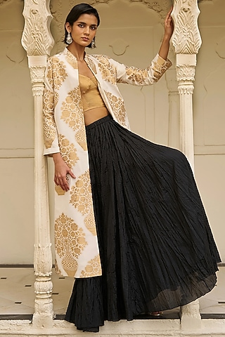 Ivory & Gold Banarsi Silk Brocade Jacket Set by Dash and Dot