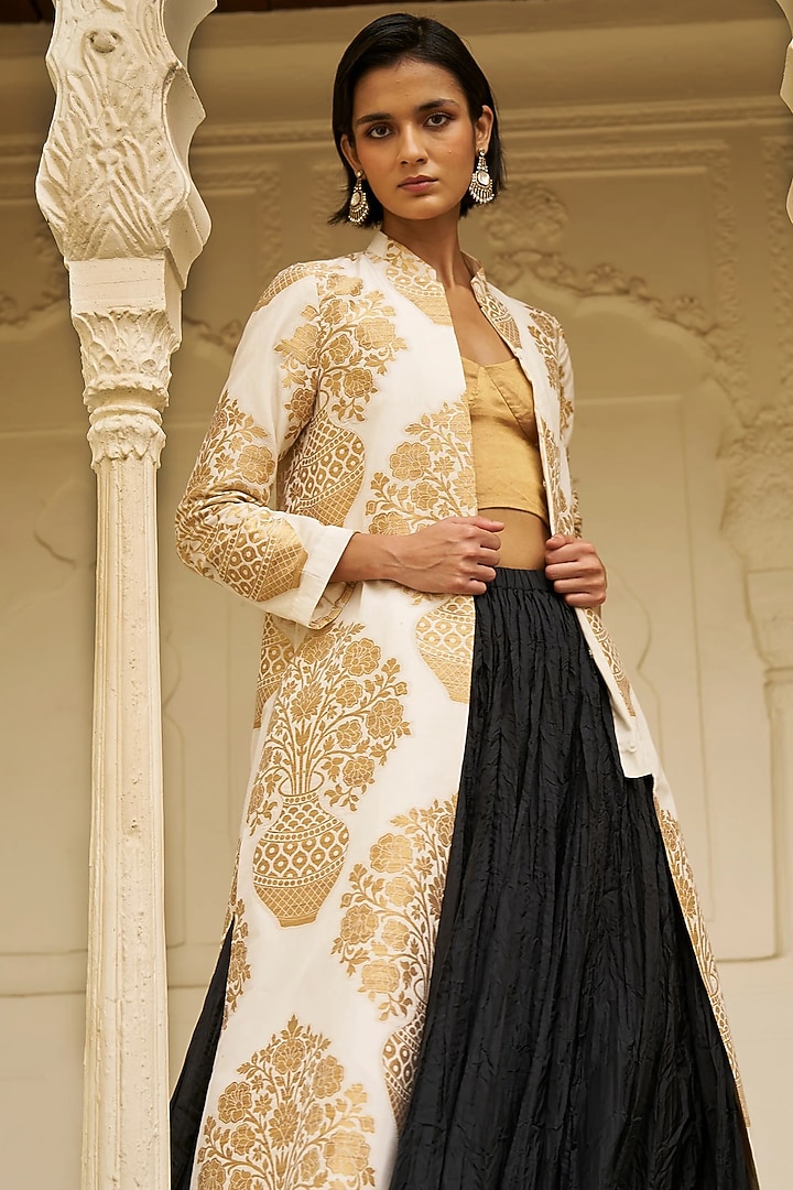 Ivory & Gold Banarsi Silk Brocade Jacket Set by Dash and Dot at Pernia's Pop Up Shop