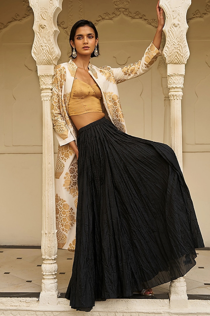 Ivory & Gold Banarsi Silk Brocade Jacket Set by Dash and Dot at Pernia's Pop Up Shop