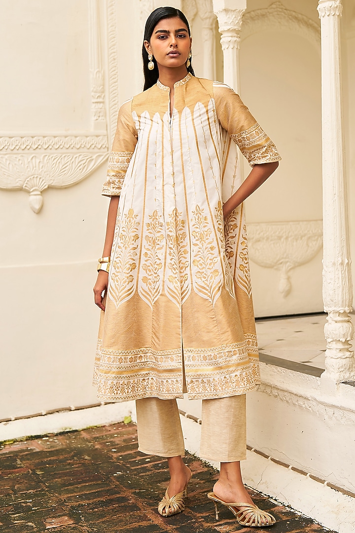 Champagne & Gold Banarsi Silk Brocade Printed A-Line Jacket by Dash and Dot at Pernia's Pop Up Shop