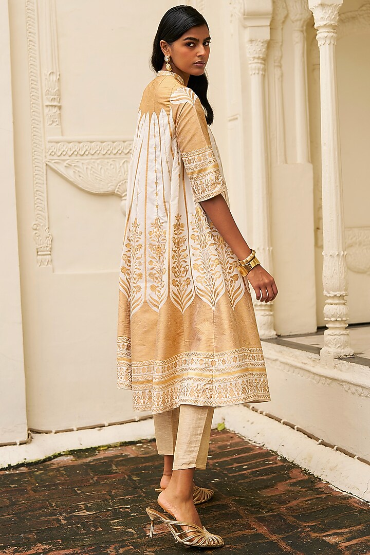 Champagne & Gold Banarsi Silk Brocade Printed A-Line Jacket by Dash and Dot at Pernia's Pop Up Shop