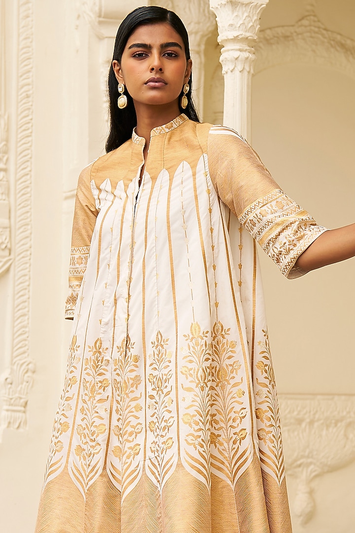 Champagne & Gold Banarsi Silk Brocade Printed A-Line Jacket by Dash and Dot at Pernia's Pop Up Shop