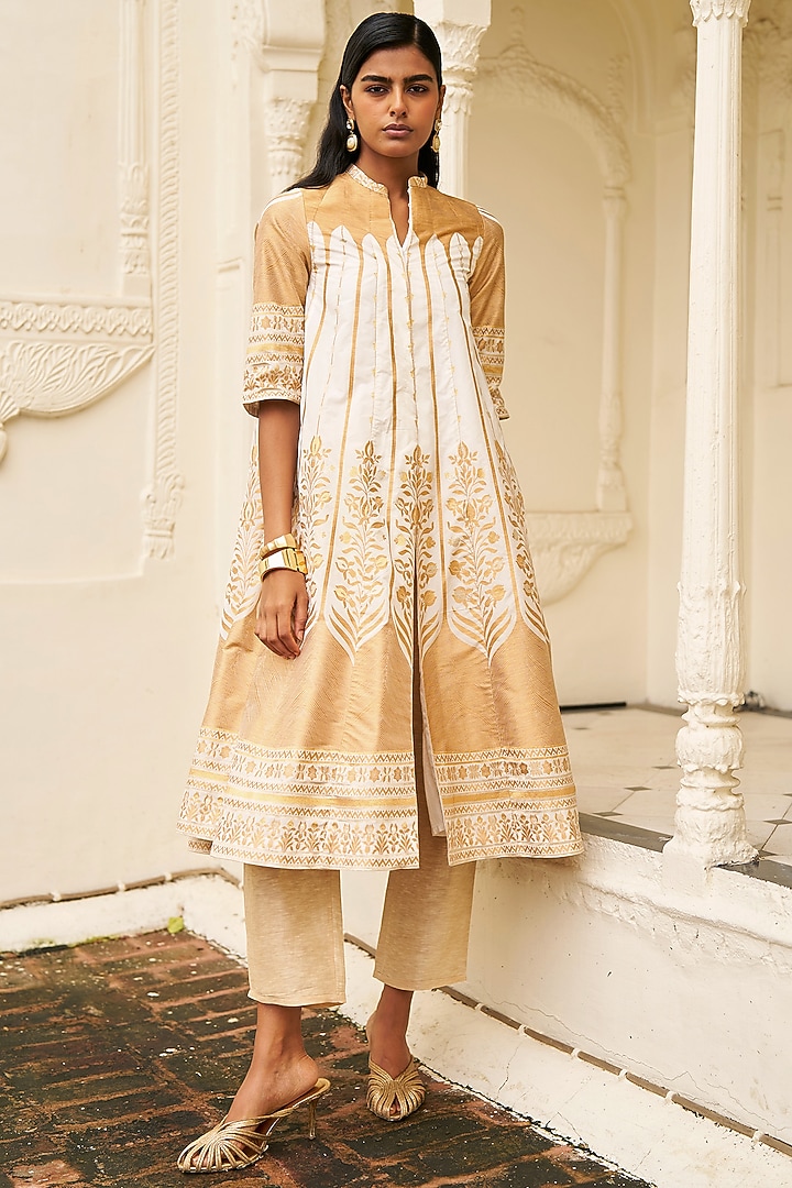 Champagne & Gold Banarsi Silk Brocade Printed A-Line Jacket by Dash and Dot at Pernia's Pop Up Shop