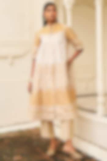 Champagne & Gold Banarsi Silk Brocade Printed A-Line Jacket Set by Dash and Dot at Pernia's Pop Up Shop