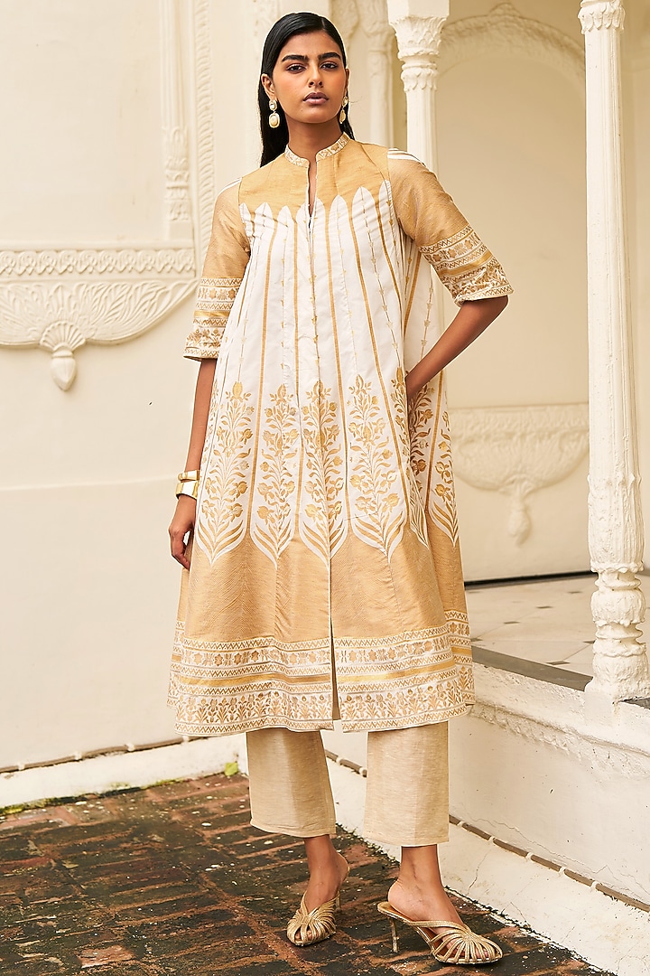 Champagne & Gold Banarsi Silk Brocade Printed A-Line Jacket Set by Dash and Dot at Pernia's Pop Up Shop