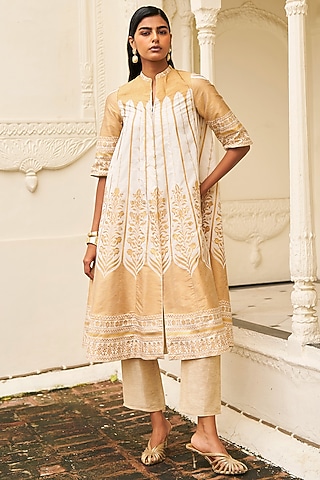 Champagne & Gold Banarsi Silk Brocade Printed A-Line Jacket Set by Dash and Dot