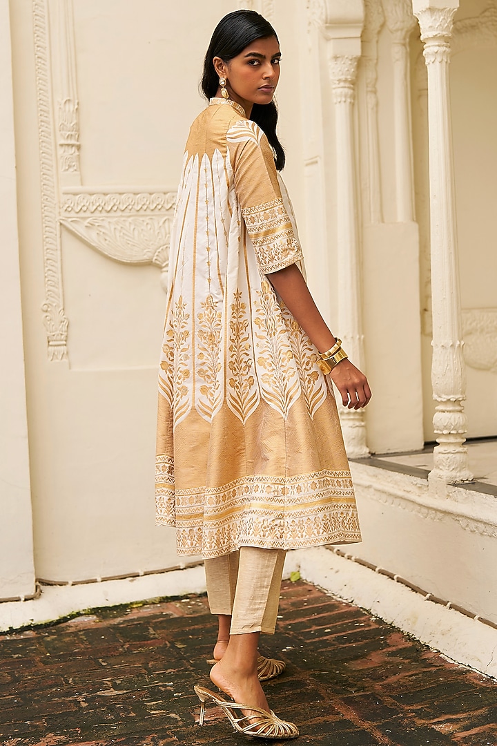 Champagne & Gold Banarsi Silk Brocade Printed A-Line Jacket Set by Dash and Dot at Pernia's Pop Up Shop
