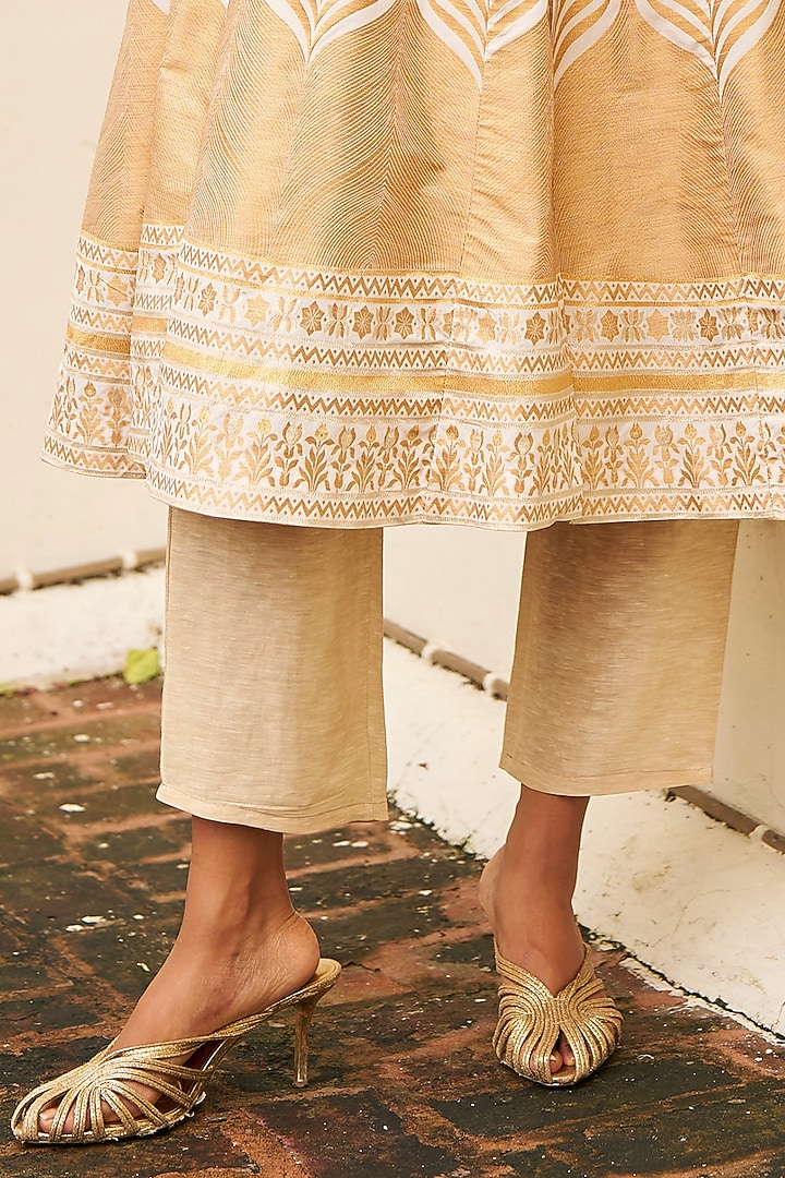 Champagne & Gold Banarsi Silk Brocade Printed A-Line Jacket Set by Dash and Dot at Pernia's Pop Up Shop