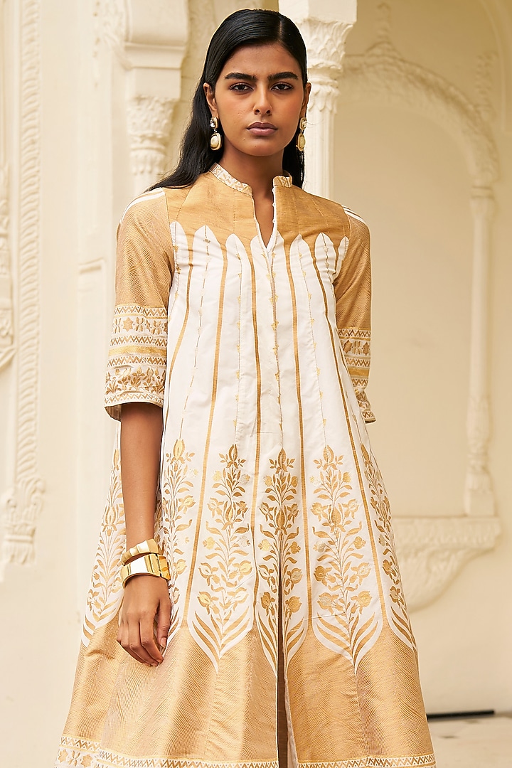 Champagne & Gold Banarsi Silk Brocade Printed A-Line Jacket Set by Dash and Dot at Pernia's Pop Up Shop