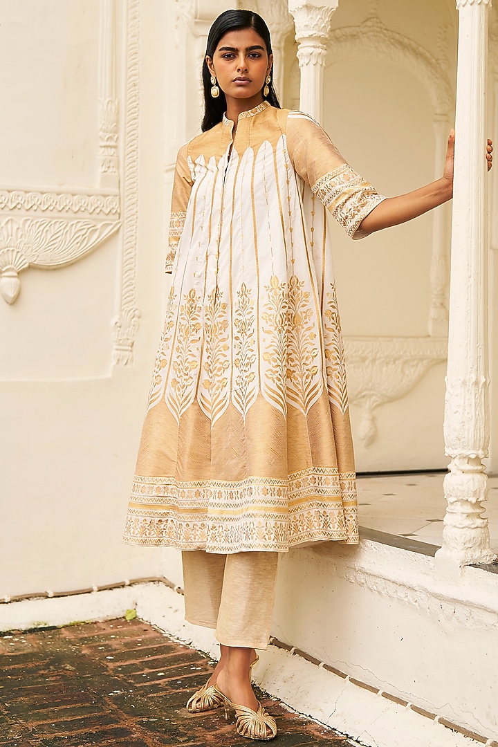 Champagne & Gold Banarsi Silk Brocade Printed A-Line Jacket Set by Dash and Dot at Pernia's Pop Up Shop