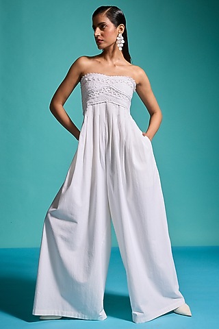 Ivory Crushed Cotton Crochet Work Jumpsuit by Dash and Dot