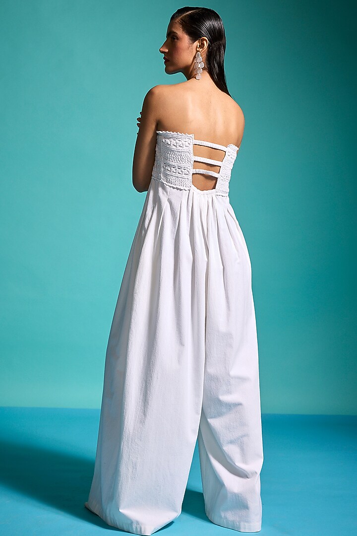 Ivory Crushed Cotton Crochet Work Jumpsuit by Dash and Dot at Pernia's Pop Up Shop