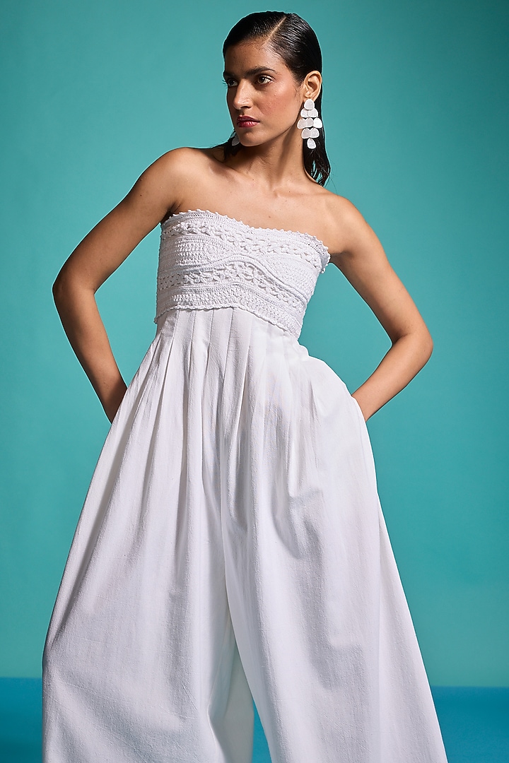 Ivory Crushed Cotton Crochet Work Jumpsuit by Dash and Dot at Pernia's Pop Up Shop