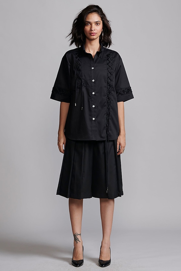 Black Polyester Hand-Sewn Pleated Shorts by Dash and Dot at Pernia's Pop Up Shop