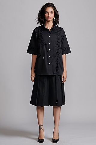 Black Polyester Hand-Sewn Pleated Shorts by Dash and Dot