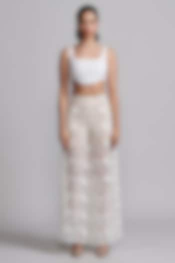 Ivory Recycled Polyester Floral Thread Embroidered Pants by Dash and Dot at Pernia's Pop Up Shop