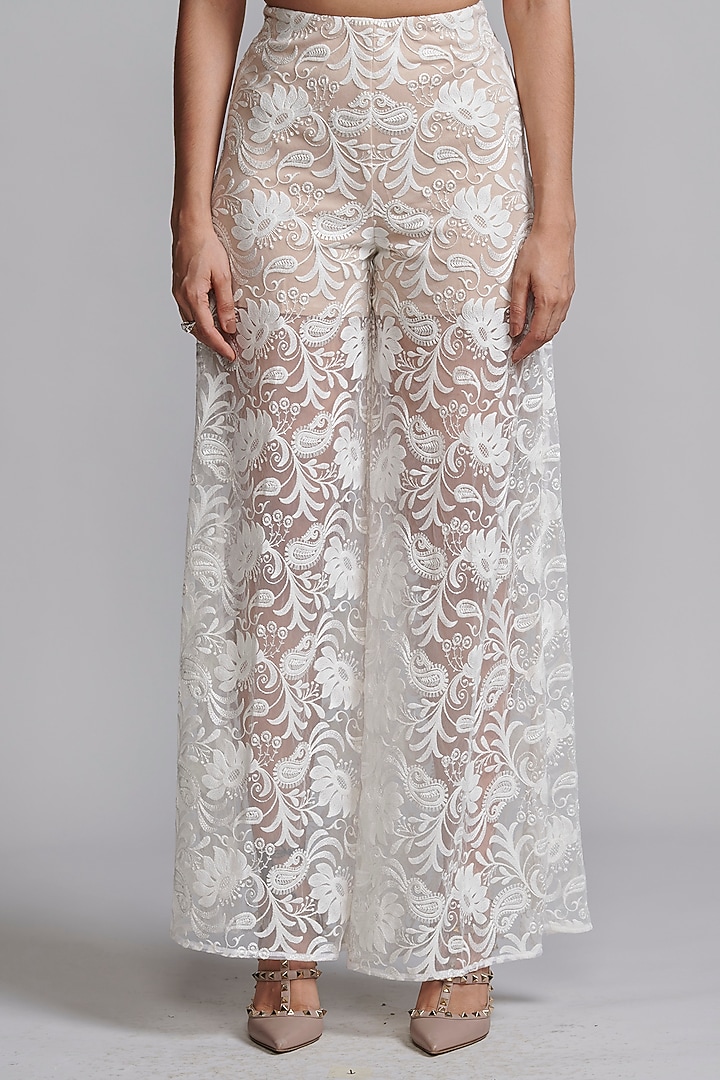 Ivory Recycled Polyester Floral Thread Embroidered Pants by Dash and Dot at Pernia's Pop Up Shop