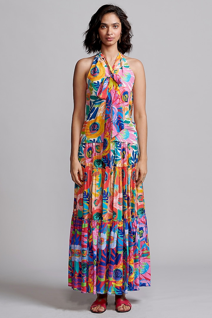 Multi-Colored Viscose Floral Printed Tiered Skirt by Dash and Dot at Pernia's Pop Up Shop