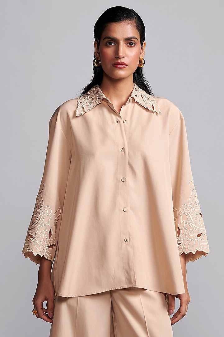 Sand Colored Tencel Embroidered Shirt by Dash and Dot at Pernia's Pop Up Shop