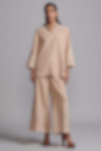 Sand Colored Tencel Embroidered Wide-Legged Pants by Dash and Dot at Pernia's Pop Up Shop