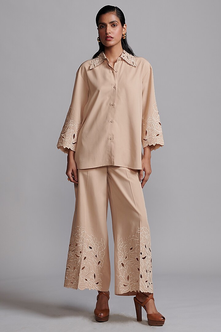 Sand Colored Tencel Embroidered Wide-Legged Pants by Dash and Dot at Pernia's Pop Up Shop