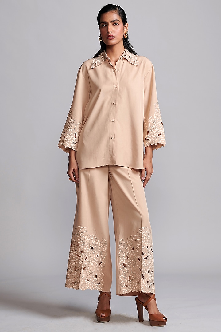 Sand Colored Tencel Embroidered Co-Ord Set by Dash and Dot at Pernia's Pop Up Shop