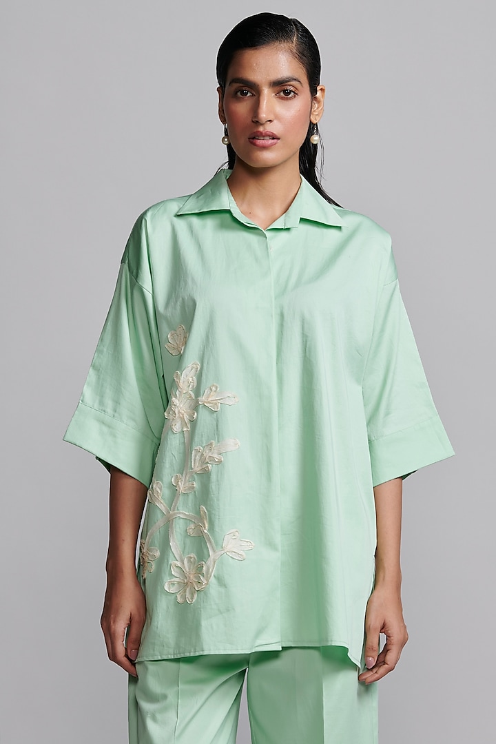 Mint Green Cotton Embroidered Shirt by Dash and Dot at Pernia's Pop Up Shop