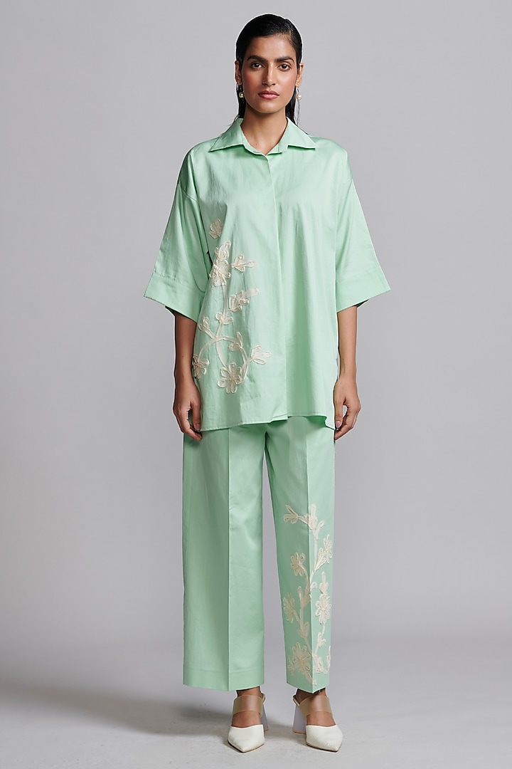 Mint Green Cotton Embroidered Pants by Dash and Dot at Pernia's Pop Up Shop