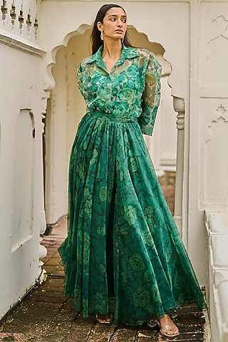 Tonal Green Organza Printed Maxi Skirt by Dash and Dot