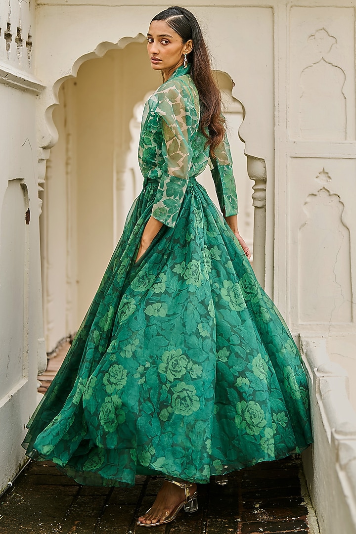 Tonal Green Organza Printed Maxi Skirt by Dash and Dot at Pernia's Pop Up Shop