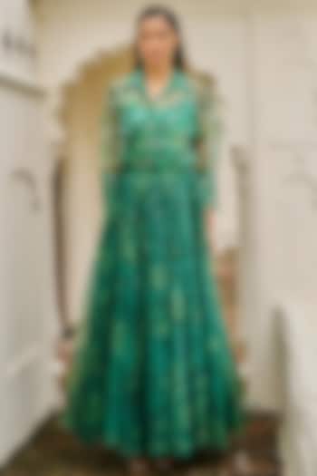 Tonal Green Organza Printed Skirt Set by Dash and Dot at Pernia's Pop Up Shop