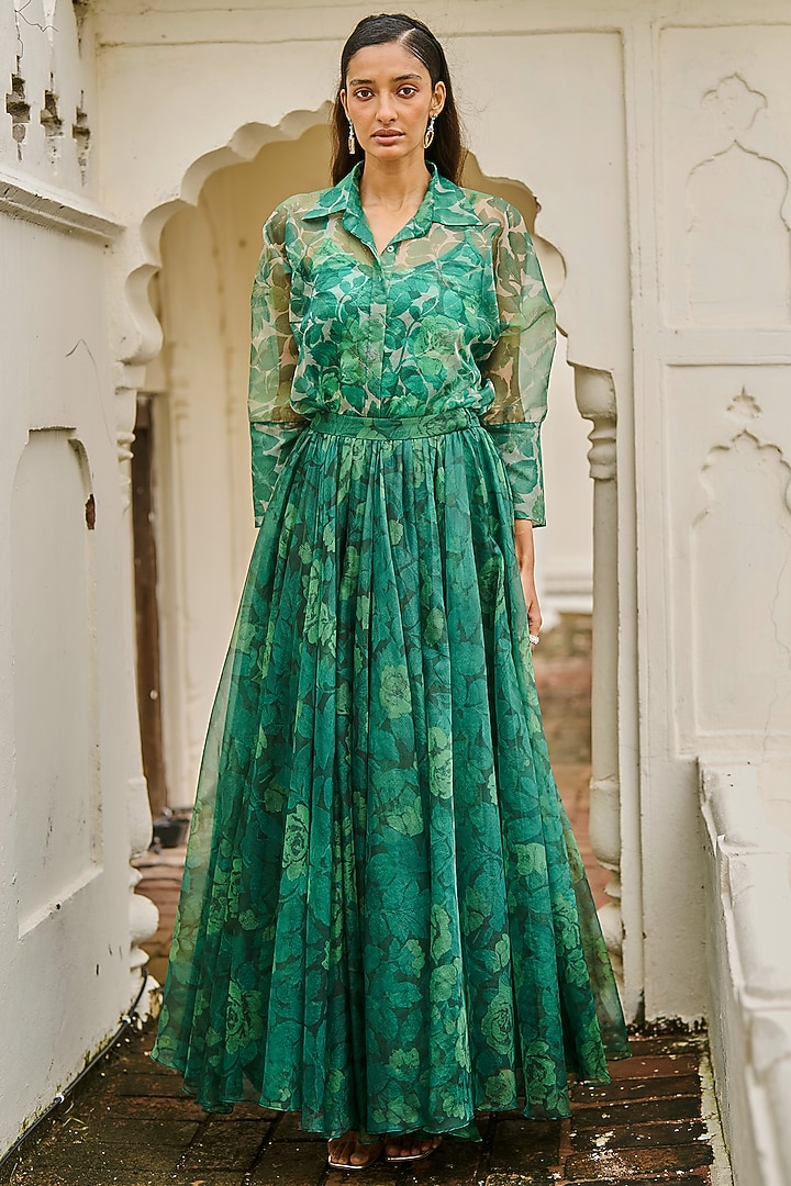 Tonal Green Organza Printed Skirt Set by Dash and Dot at Pernia's Pop Up Shop
