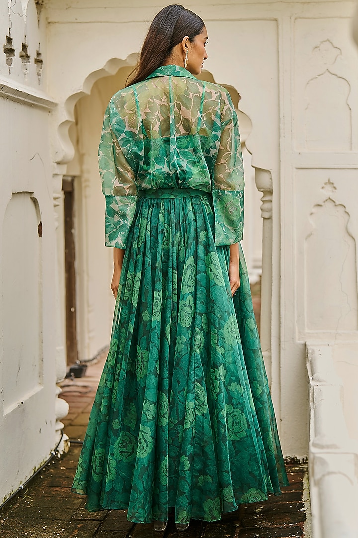 Tonal Green Organza Printed Skirt Set by Dash and Dot at Pernia's Pop Up Shop