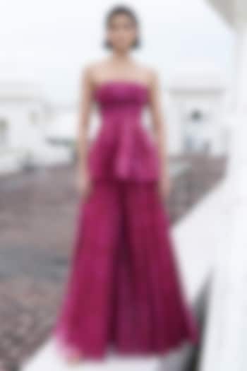 Fuchsia Organza Printed Flared Pants by Dash and Dot at Pernia's Pop Up Shop