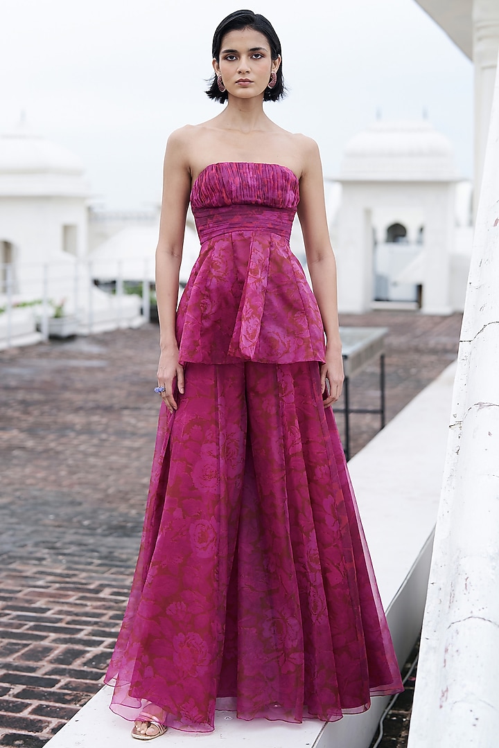 Fuchsia Organza Printed Flared Pants by Dash and Dot at Pernia's Pop Up Shop