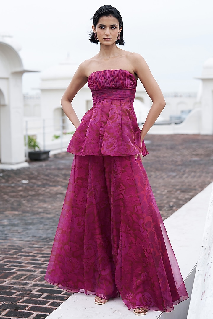 Fuchsia Organza Printed Pant Set by Dash and Dot at Pernia's Pop Up Shop