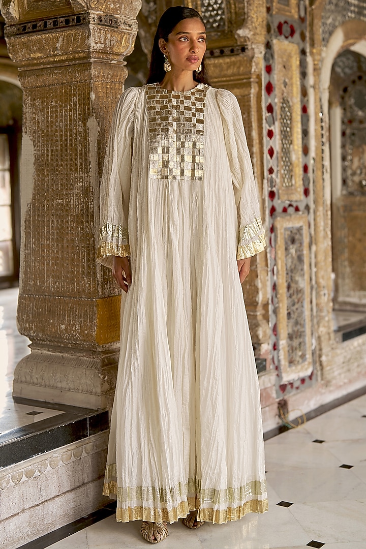 Ivory & Gold Art Silk Recycled Polyester Maxi Summer Dress by Dash and Dot at Pernia's Pop Up Shop