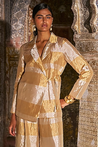 Champagne & Gold Banarasi Tissue Striped Blazer by Dash and Dot
