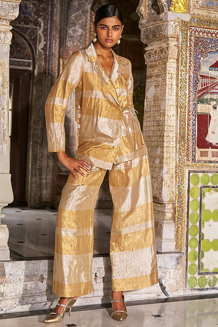 Champagne & Gold Banarasi Tissue Striped Blazer by Dash and Dot at Pernia's Pop Up Shop
