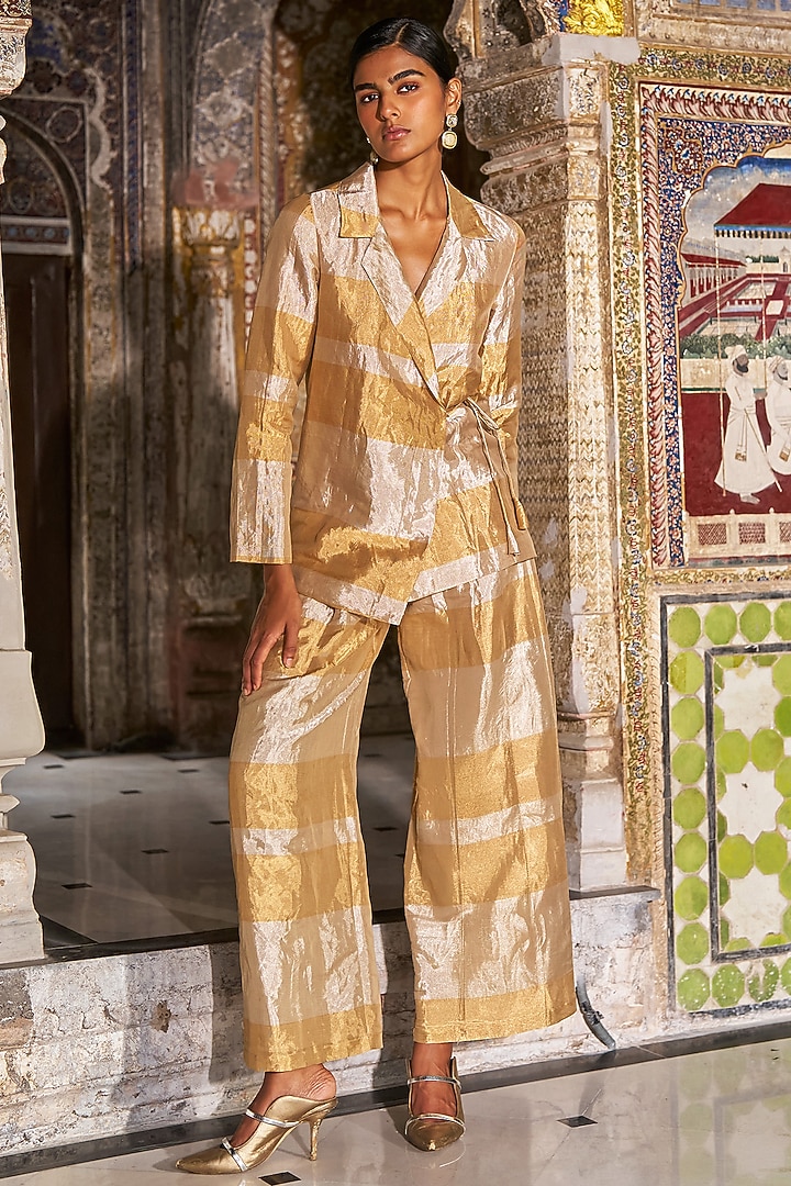 Gold & Champagne Banarasi Tissue Striped Wide-Legged Pants by Dash and Dot at Pernia's Pop Up Shop