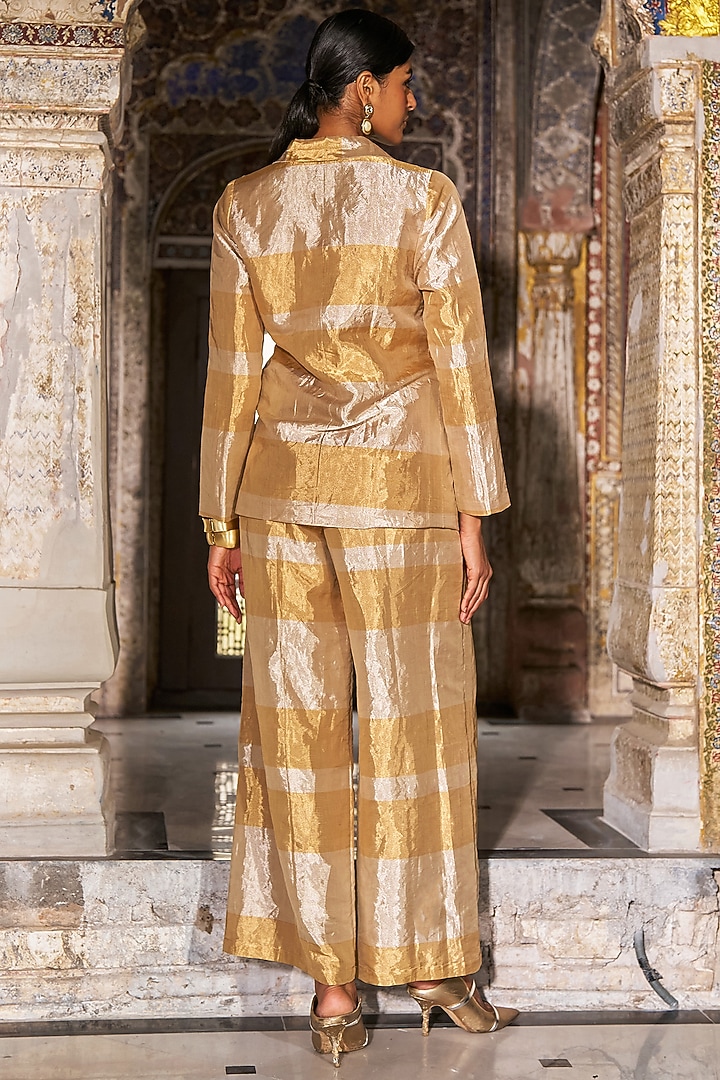 Champagne & Gold Banarasi Tissue Striped Blazer Set by Dash and Dot at Pernia's Pop Up Shop
