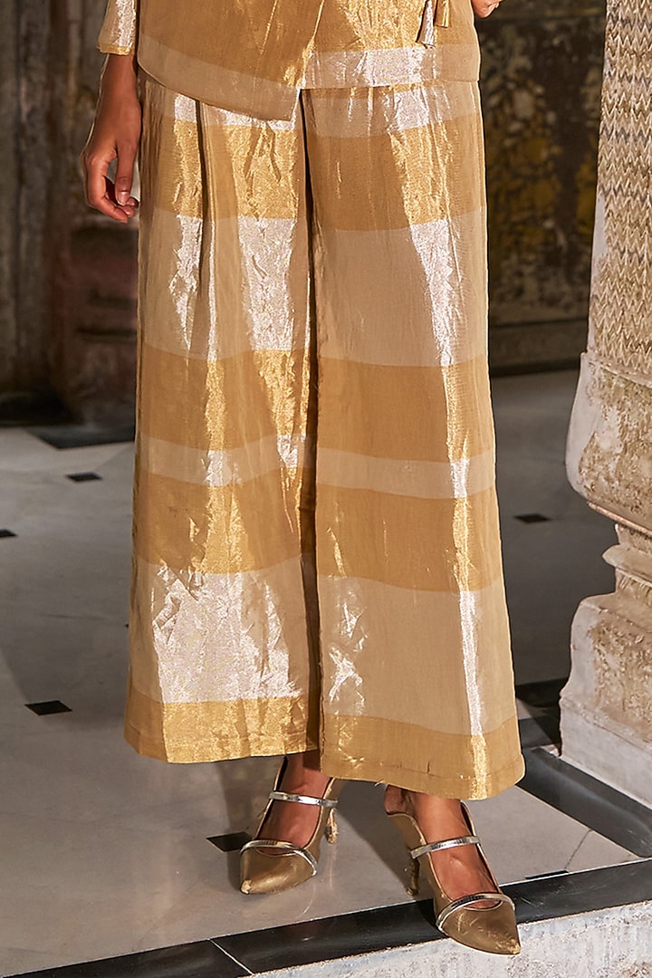 Champagne & Gold Banarasi Tissue Striped Blazer Set by Dash and Dot at Pernia's Pop Up Shop