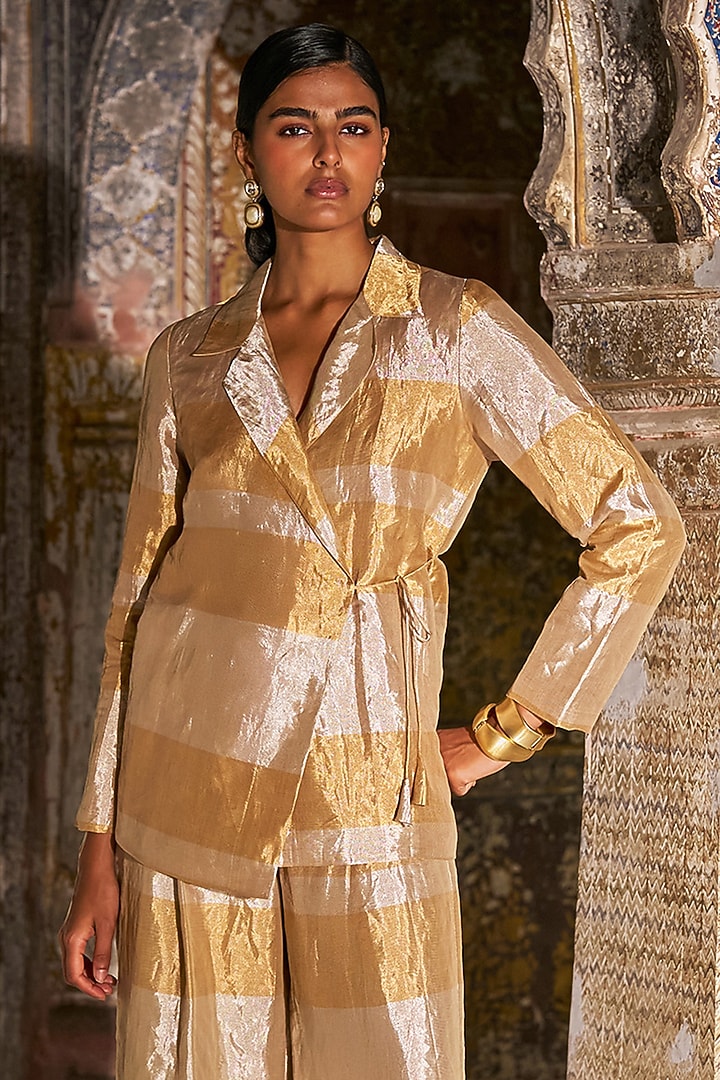 Champagne & Gold Banarasi Tissue Striped Blazer Set by Dash and Dot at Pernia's Pop Up Shop