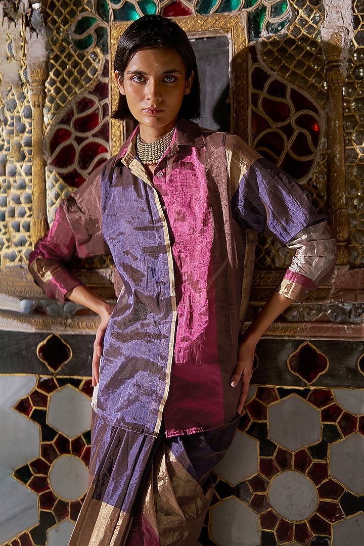 Multi-Colored Silk & Banarasi Tissue Striped Shirt by Dash and Dot at Pernia's Pop Up Shop