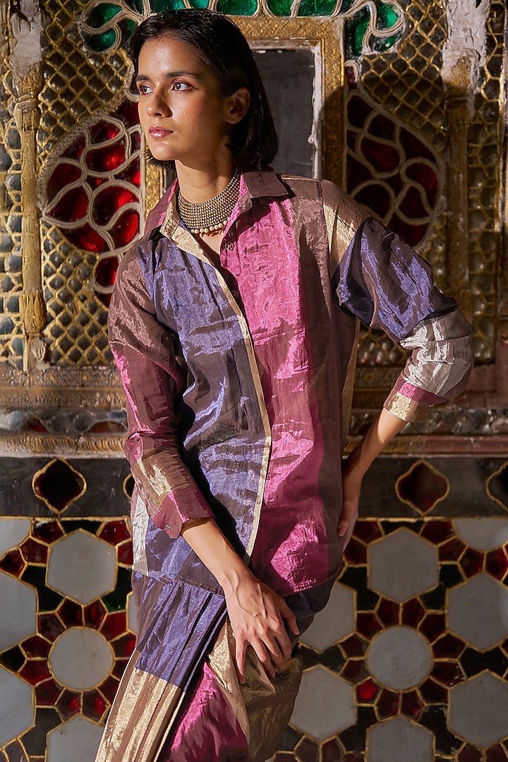 Multi-Colored Silk & Banarasi Tissue Striped Shirt by Dash and Dot at Pernia's Pop Up Shop