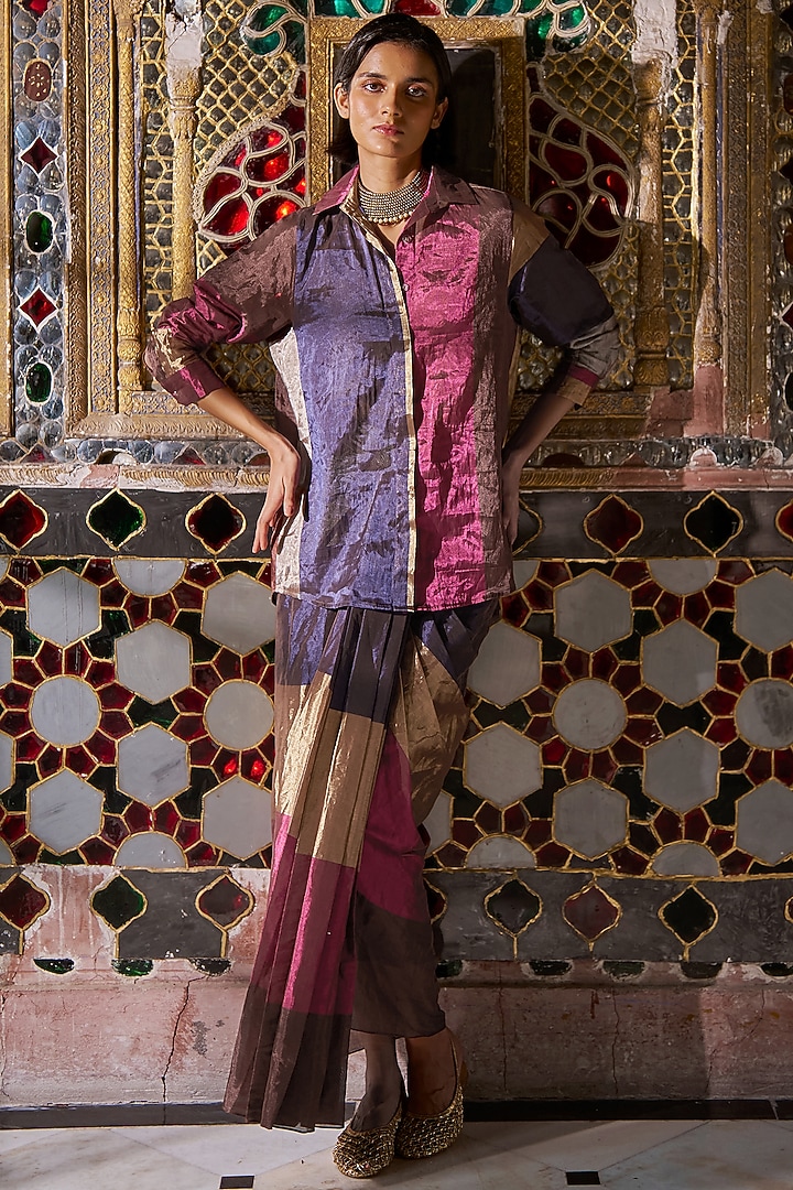 Multi-Colored Silk & Banarasi Tissue Striped Skirt by Dash and Dot at Pernia's Pop Up Shop